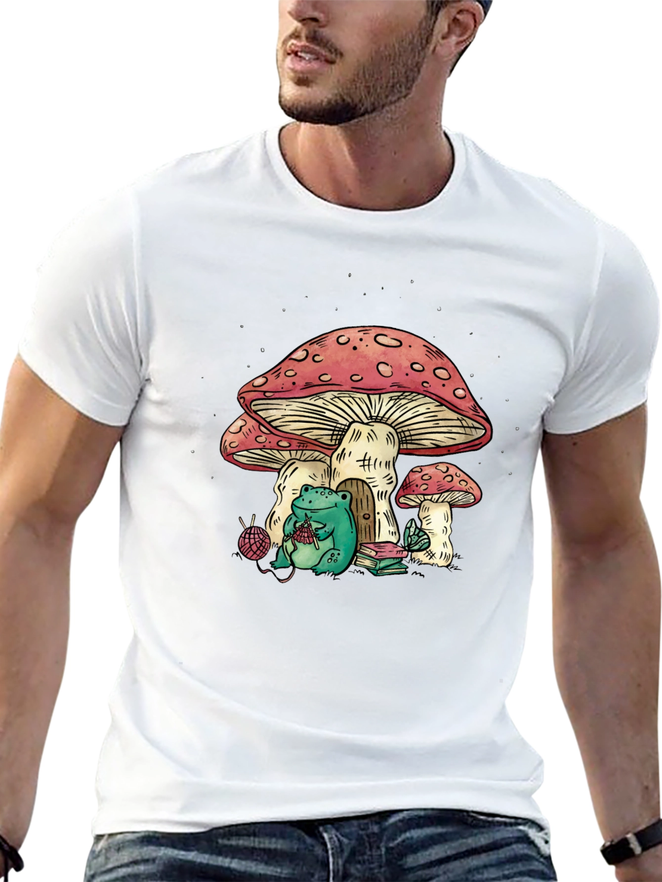 Frog Knitting Mushroom House Graphic T-Shirt