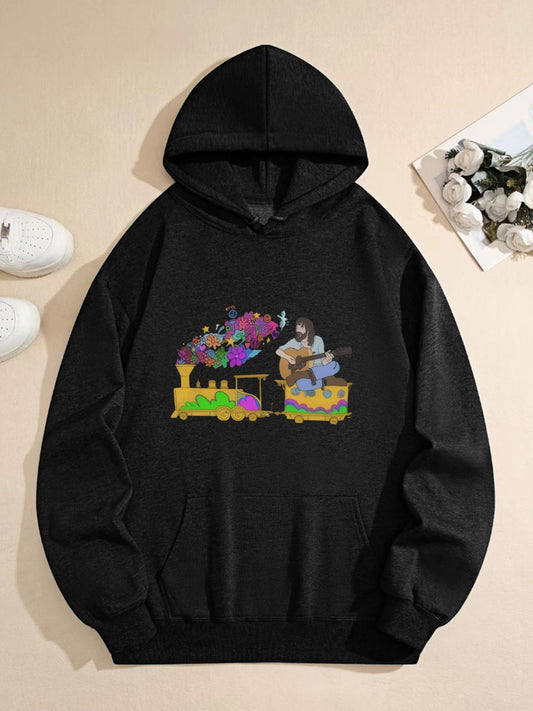 Retro Folk Music Hoodie – Vintage Guitar & Peace Train Graphic Pullover, Artistic Hippie Style Oversized Sweatshirt for Men & Women