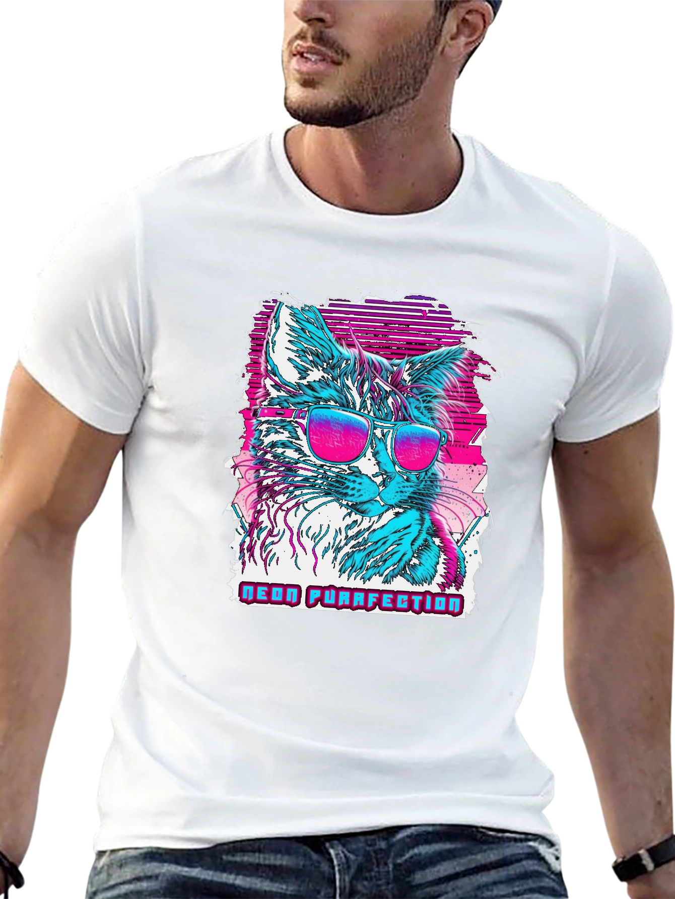 Neon Purrfection Cat Graphic T-Shirt - Cool Retro Style