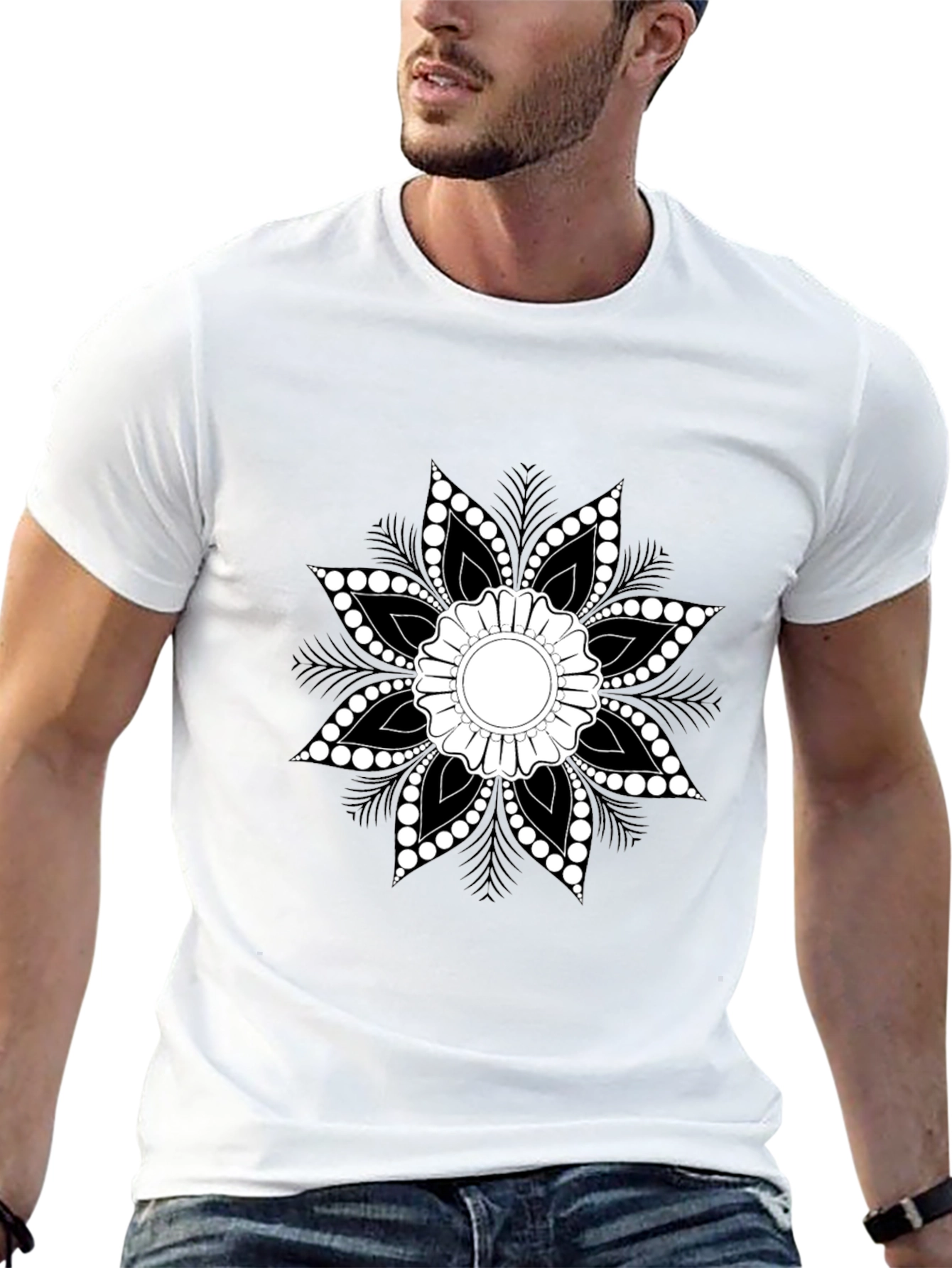 Black T-Shirt with Floral Mandala Design