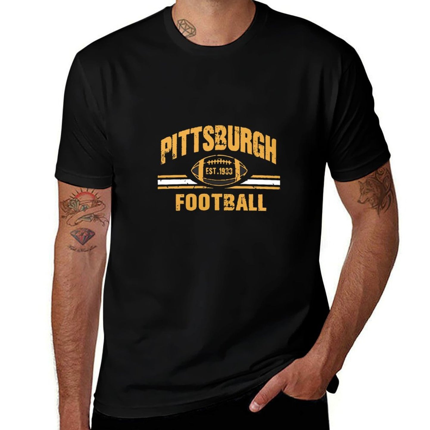 Unisex Pittsburgh Football Graphic Tee - Black & Gold “Est. 1933” Print Design, Soft Cotton Crew Neck Short Sleeve Top for Fans, Casual Game Day Streetwear, Machine Washable All-Season T-Shirt