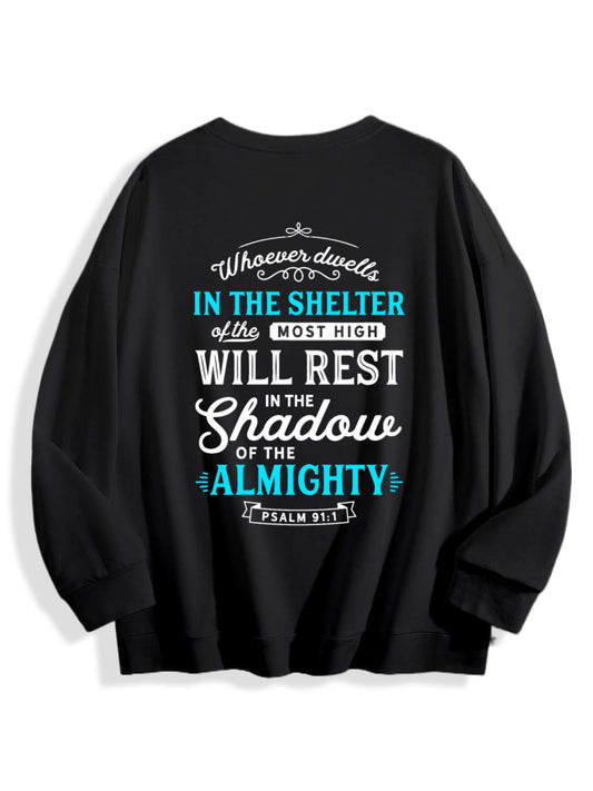 Unisex Faith Graphic Sweatshirt – “Psalm 91:1 Shelter of the Almighty” Bible Verse Pullover, Inspirational Christian Crewneck Top for Everyday Wear