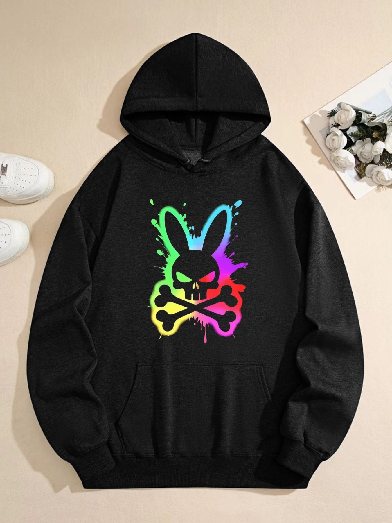 Colorful Skull Bunny Hoodie – Rainbow Paint Splash Graphic Pullover for Men & Women, Streetwear Style Casual Sweatshirt