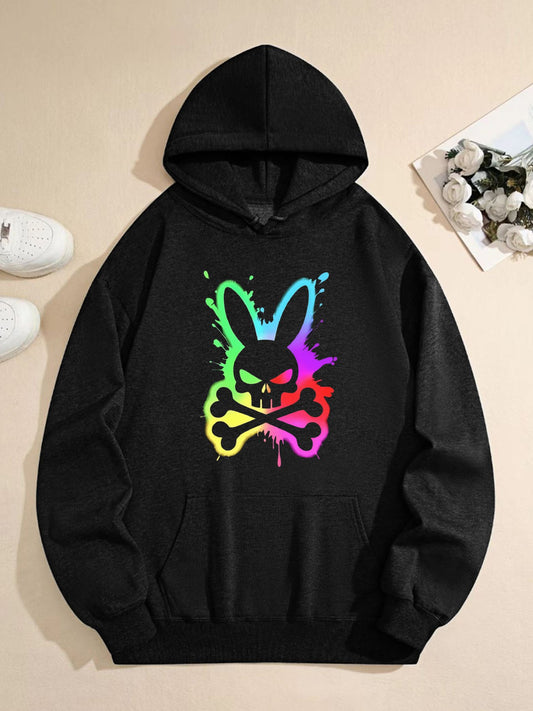 Colorful Skull Bunny Hoodie – Rainbow Paint Splash Graphic Pullover for Men & Women, Streetwear Style Casual Sweatshirt