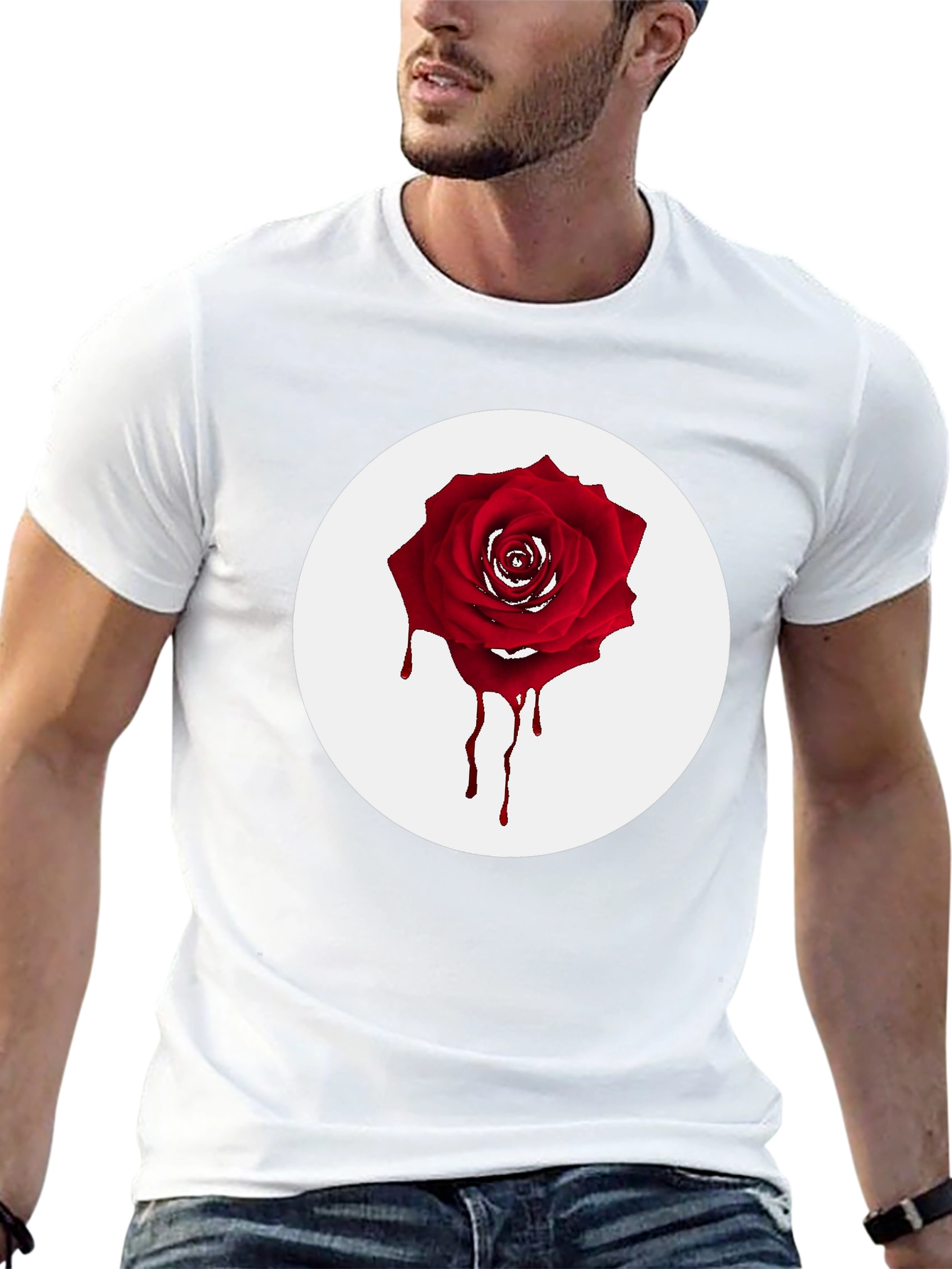 Mens Black T-Shirt with Bleeding Rose Graphic