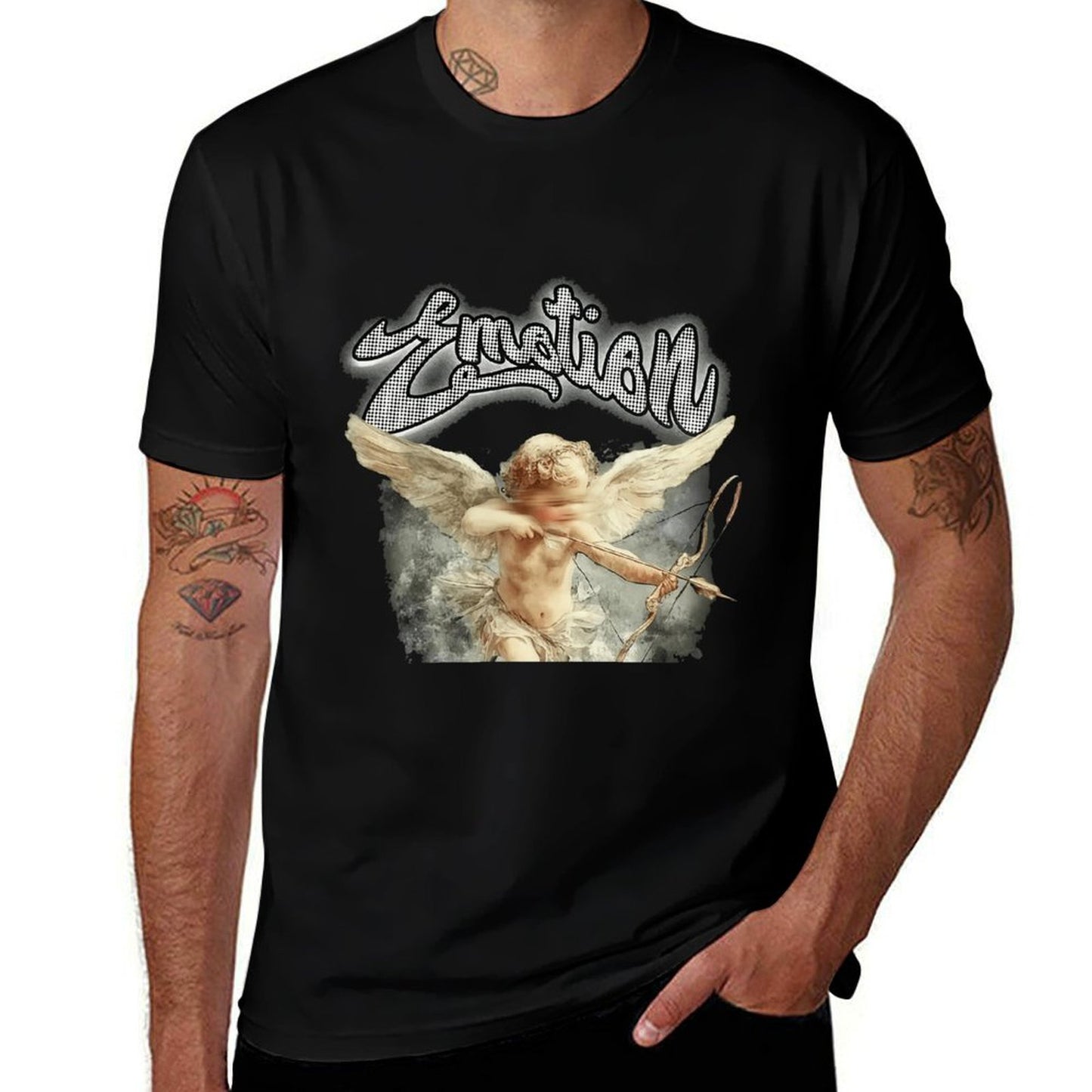 Men’s Angel Graphic T-Shirt – “Emotion” Letter Print Design, 100% Cotton Summer Short Sleeve Crew Neck Tee, Vintage Art-Inspired Streetwear Top, Double-Sided Print Casual Fashion Apparel