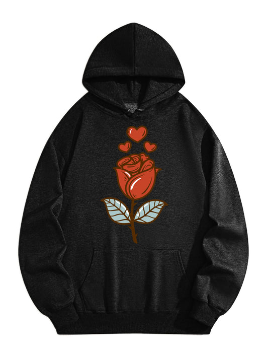 Romantic Rose Heart Hoodie – Cute Cartoon Rose and Heart Graphic Sweatshirt, Love-Inspired Streetwear for Men & Women