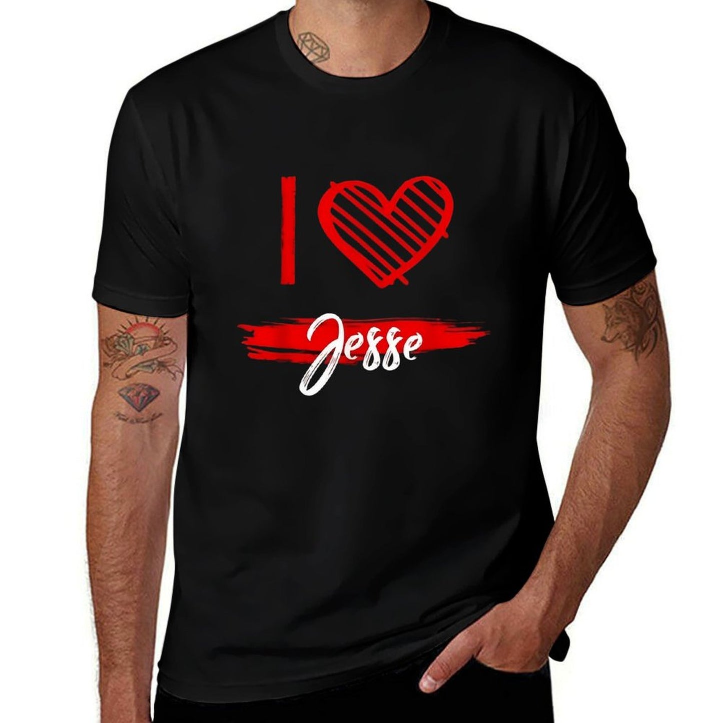 100% Cotton “I Love Jesse” Graphic T-Shirt – Black Short Sleeve Hip-Hop Streetwear Style, Heart Print Casual Crew Neck Top for Men, Soft Breathable Summer Tee, Machine Washable