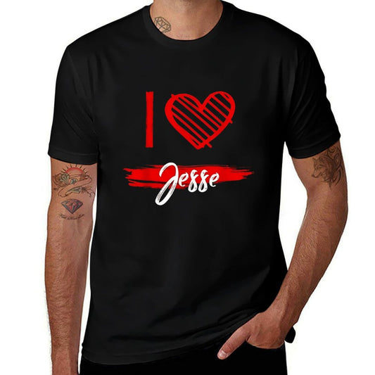 100% Cotton “I Love Jesse” Graphic T-Shirt – Black Short Sleeve Hip-Hop Streetwear Style, Heart Print Casual Crew Neck Top for Men, Soft Breathable Summer Tee, Machine Washable