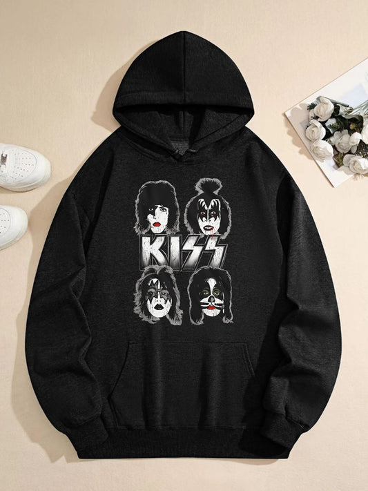 Unisex Vintage Rock Band Graphic Hoodie – Retro Face Art Pullover Sweatshirt, Black Oversized Streetwear for Music Lovers