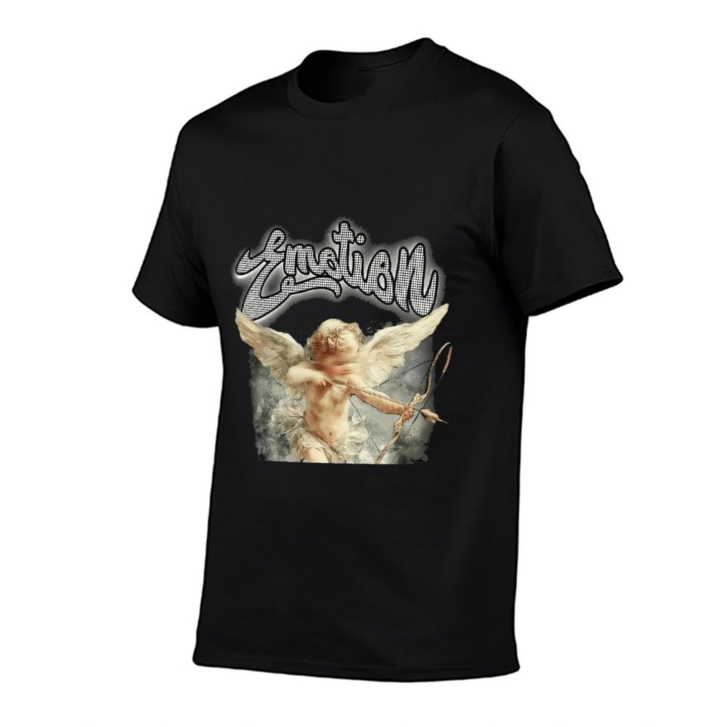 Men’s Angel Graphic T-Shirt – “Emotion” Letter Print Design, 100% Cotton Summer Short Sleeve Crew Neck Tee, Vintage Art-Inspired Streetwear Top, Double-Sided Print Casual Fashion Apparel