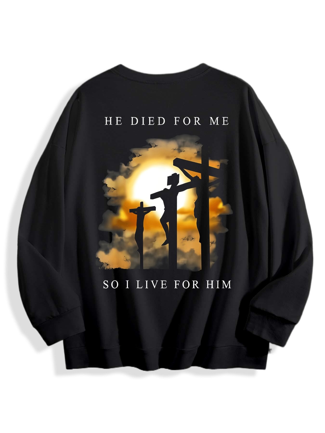 Women’s Inspirational Faith Sweatshirt – “He Died for Me, So I Live for Him” Sunset Cross Graphic Pullover, 50% Cotton 50% Polyester Soft Crewneck Religious Top