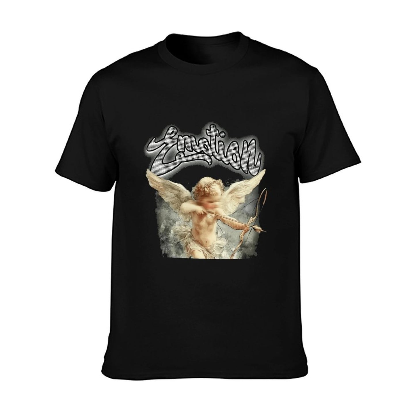 Men’s Angel Graphic T-Shirt – “Emotion” Letter Print Design, 100% Cotton Summer Short Sleeve Crew Neck Tee, Vintage Art-Inspired Streetwear Top, Double-Sided Print Casual Fashion Apparel