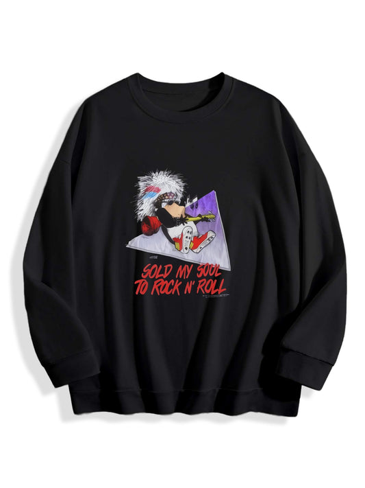 Unisex Rock Music Graphic Sweatshirt – “Rock n’ Roll Spirit” Cartoon Character Print, Black Crewneck Pullover, Streetwear Style Fall Winter Top, Soft Cotton Blend Casual Jumper