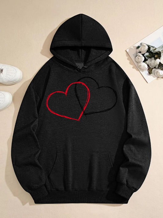 Minimalist Double Heart Hoodie – Romantic Line Art Pullover, Unisex Black Casual Sweatshirt for Couples & Everyday Wear