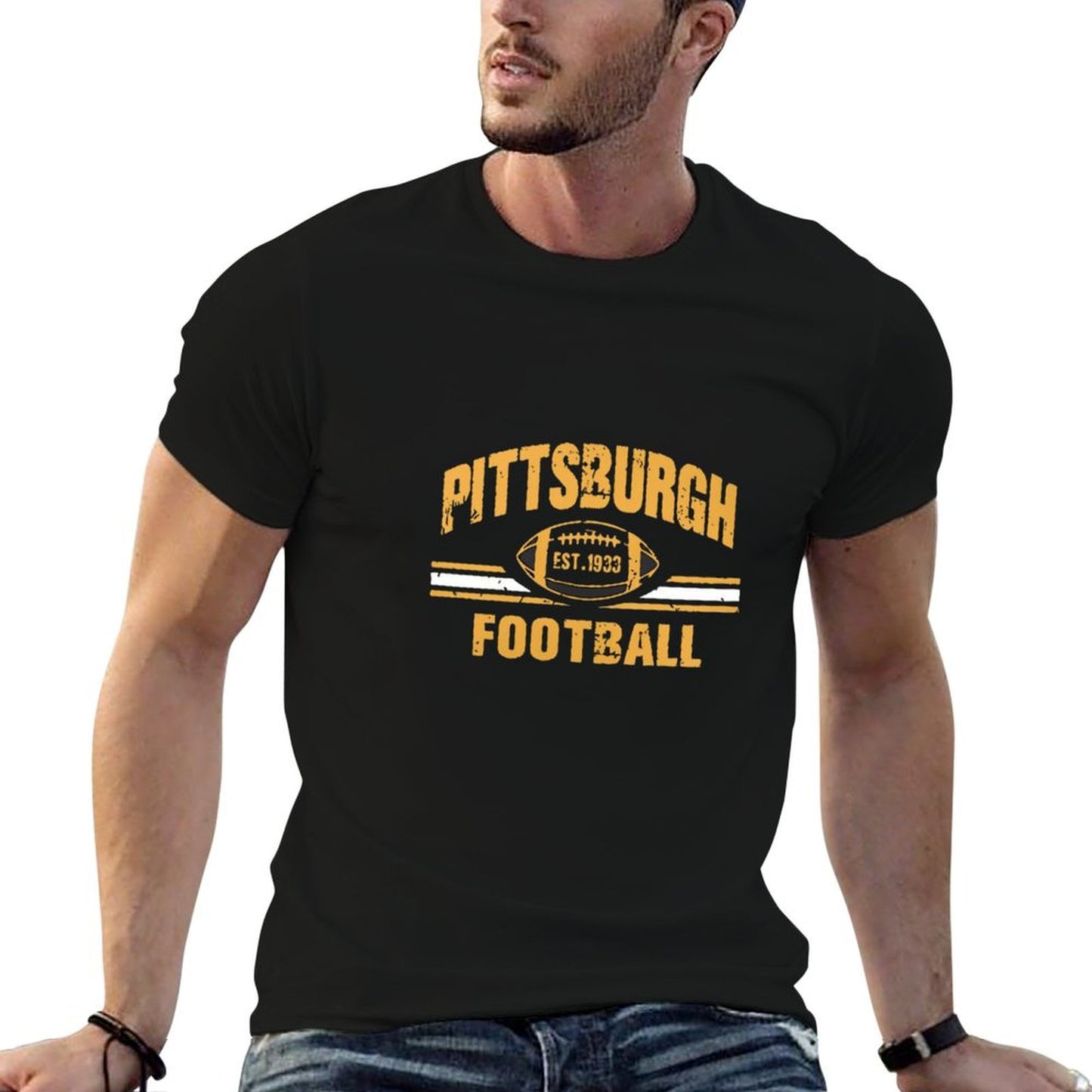 Unisex Pittsburgh Football Graphic Tee - Black & Gold “Est. 1933” Print Design, Soft Cotton Crew Neck Short Sleeve Top for Fans, Casual Game Day Streetwear, Machine Washable All-Season T-Shirt