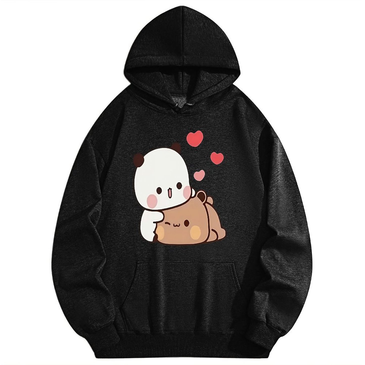 Cute Panda & Bear Love Hoodie – Kawaii Cartoon Couple Graphic Pullover, Black Soft Unisex Casual Sweatshirt for Animal Lovers