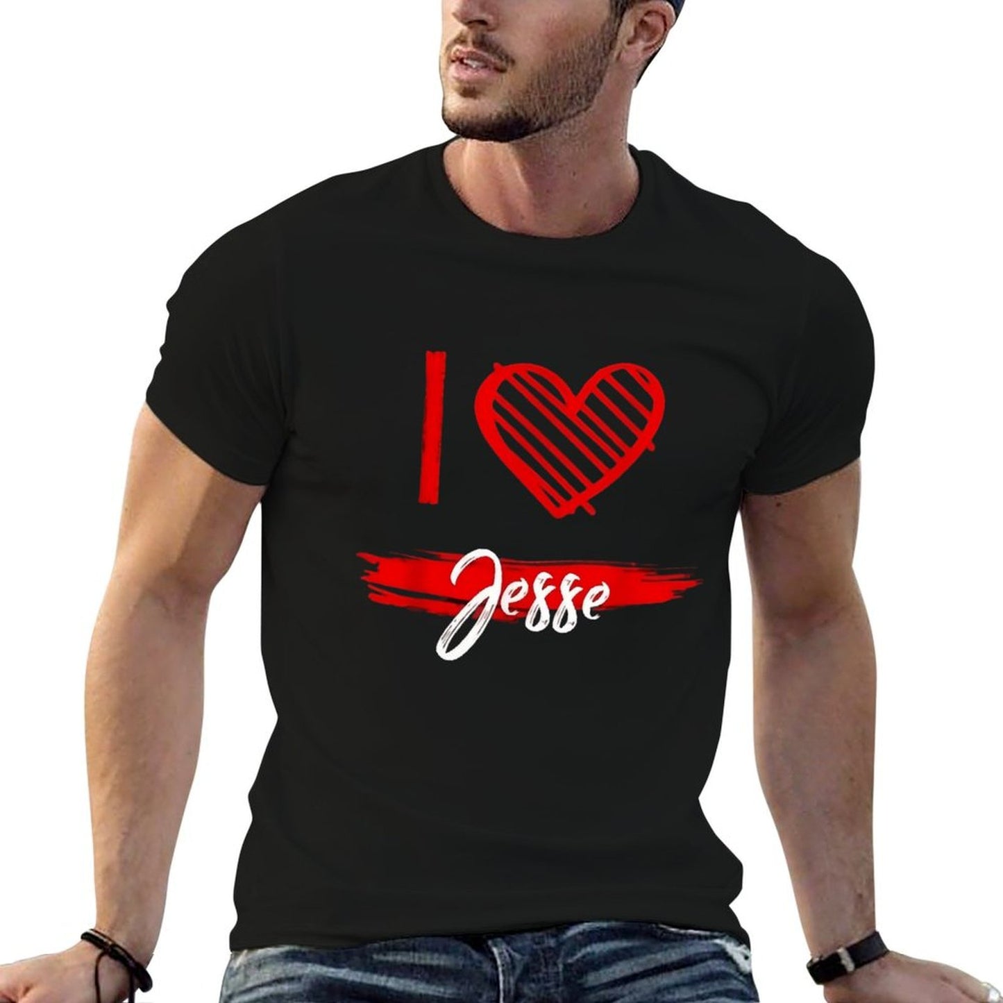 100% Cotton “I Love Jesse” Graphic T-Shirt – Black Short Sleeve Hip-Hop Streetwear Style, Heart Print Casual Crew Neck Top for Men, Soft Breathable Summer Tee, Machine Washable