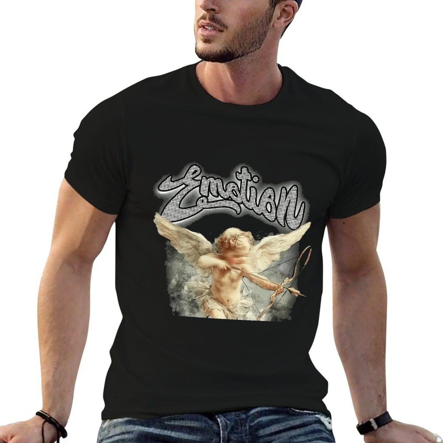 Men’s Angel Graphic T-Shirt – “Emotion” Letter Print Design, 100% Cotton Summer Short Sleeve Crew Neck Tee, Vintage Art-Inspired Streetwear Top, Double-Sided Print Casual Fashion Apparel