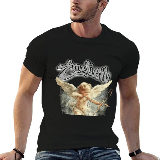 Men’s Angel Graphic T-Shirt – “Emotion” Letter Print Design, 100% Cotton Summer Short Sleeve Crew Neck Tee, Vintage Art-Inspired Streetwear Top, Double-Sided Print Casual Fashion Apparel