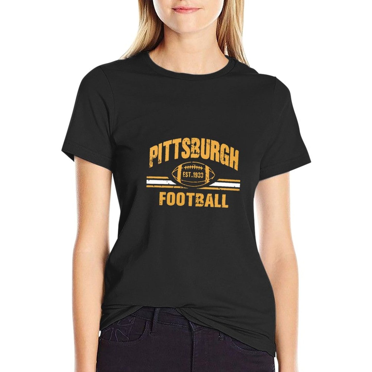 Unisex Pittsburgh Football Graphic Tee - Black & Gold “Est. 1933” Print Design, Soft Cotton Crew Neck Short Sleeve Top for Fans, Casual Game Day Streetwear, Machine Washable All-Season T-Shirt