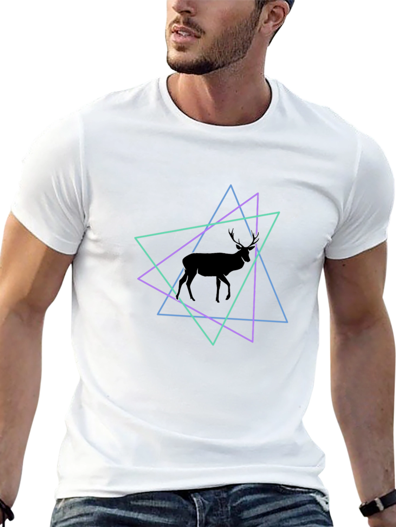 Geometric Deer Graphic Tee - Black Cotton Blend