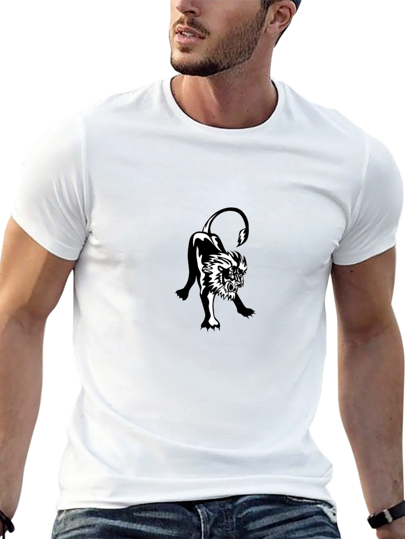 Black T-Shirt with Lion Graphic Print