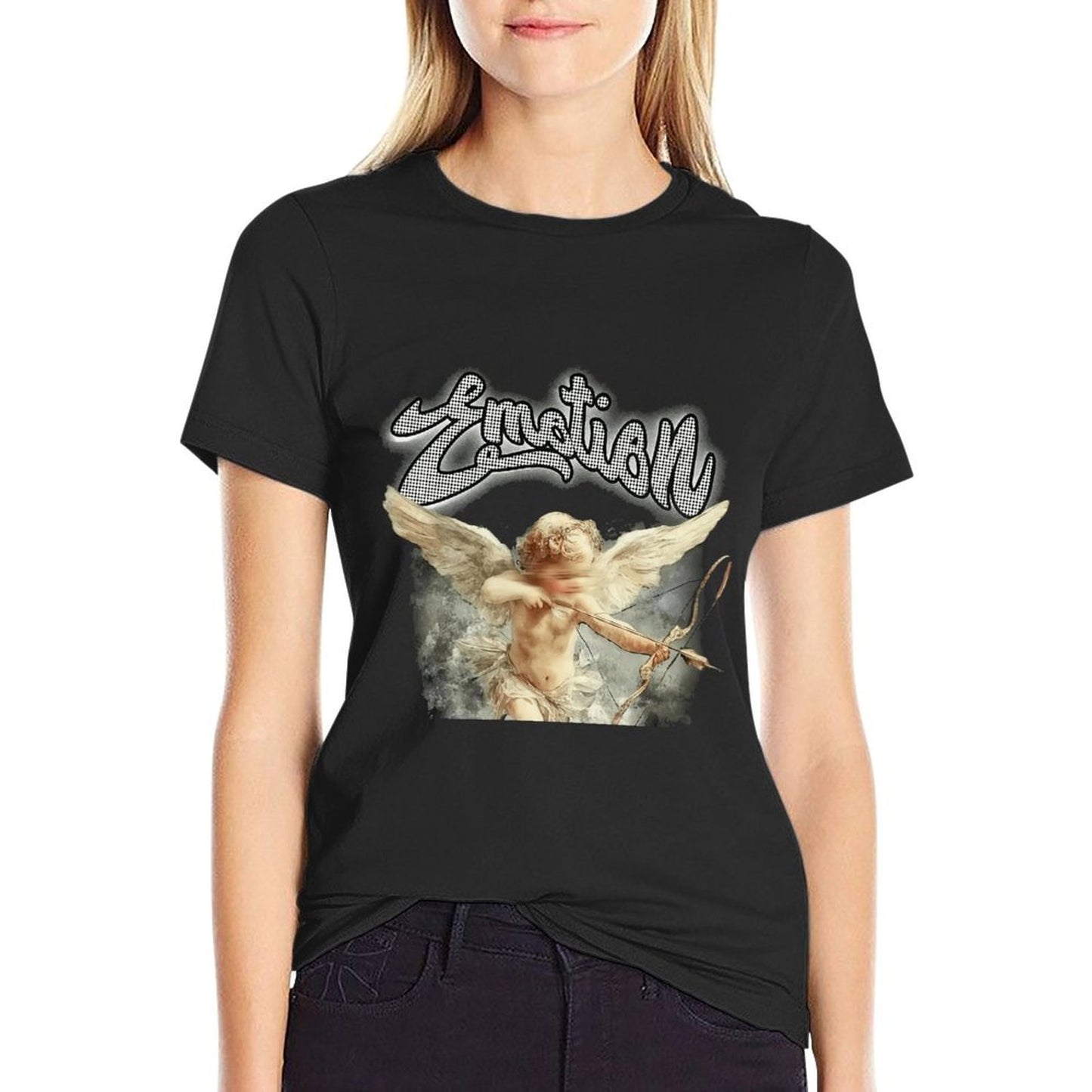 Men’s Angel Graphic T-Shirt – “Emotion” Letter Print Design, 100% Cotton Summer Short Sleeve Crew Neck Tee, Vintage Art-Inspired Streetwear Top, Double-Sided Print Casual Fashion Apparel
