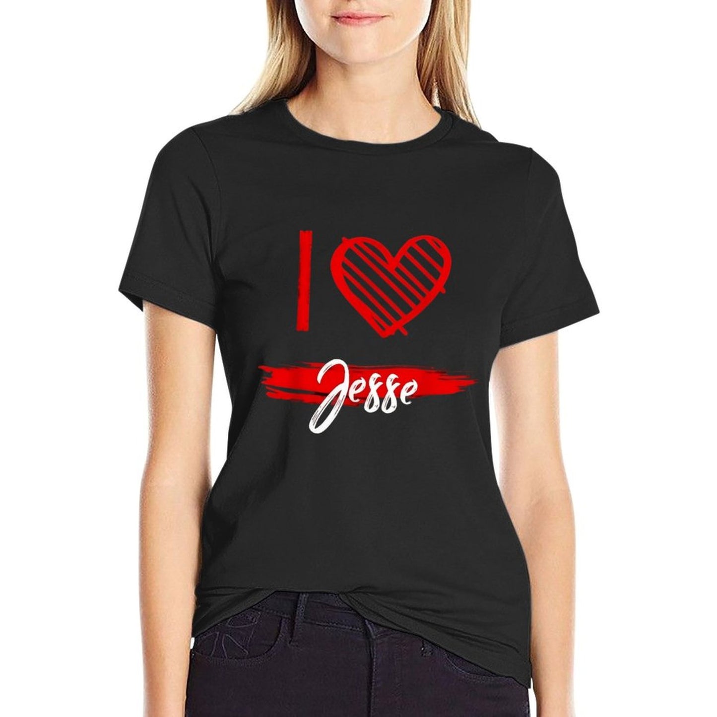 100% Cotton “I Love Jesse” Graphic T-Shirt – Black Short Sleeve Hip-Hop Streetwear Style, Heart Print Casual Crew Neck Top for Men, Soft Breathable Summer Tee, Machine Washable