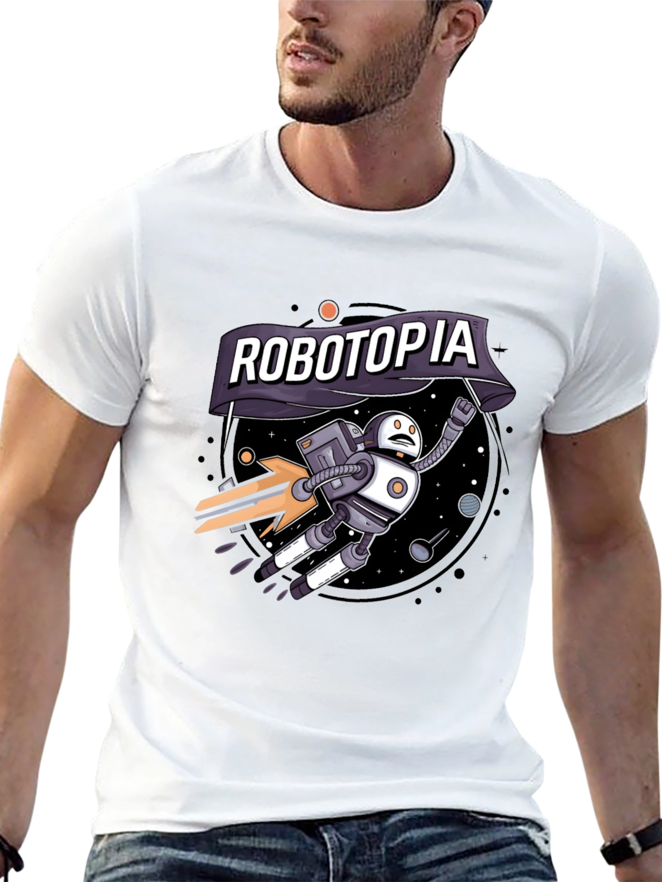 Robotopia Graphic T-Shirt - Sci-Fi Robot in Space Tee