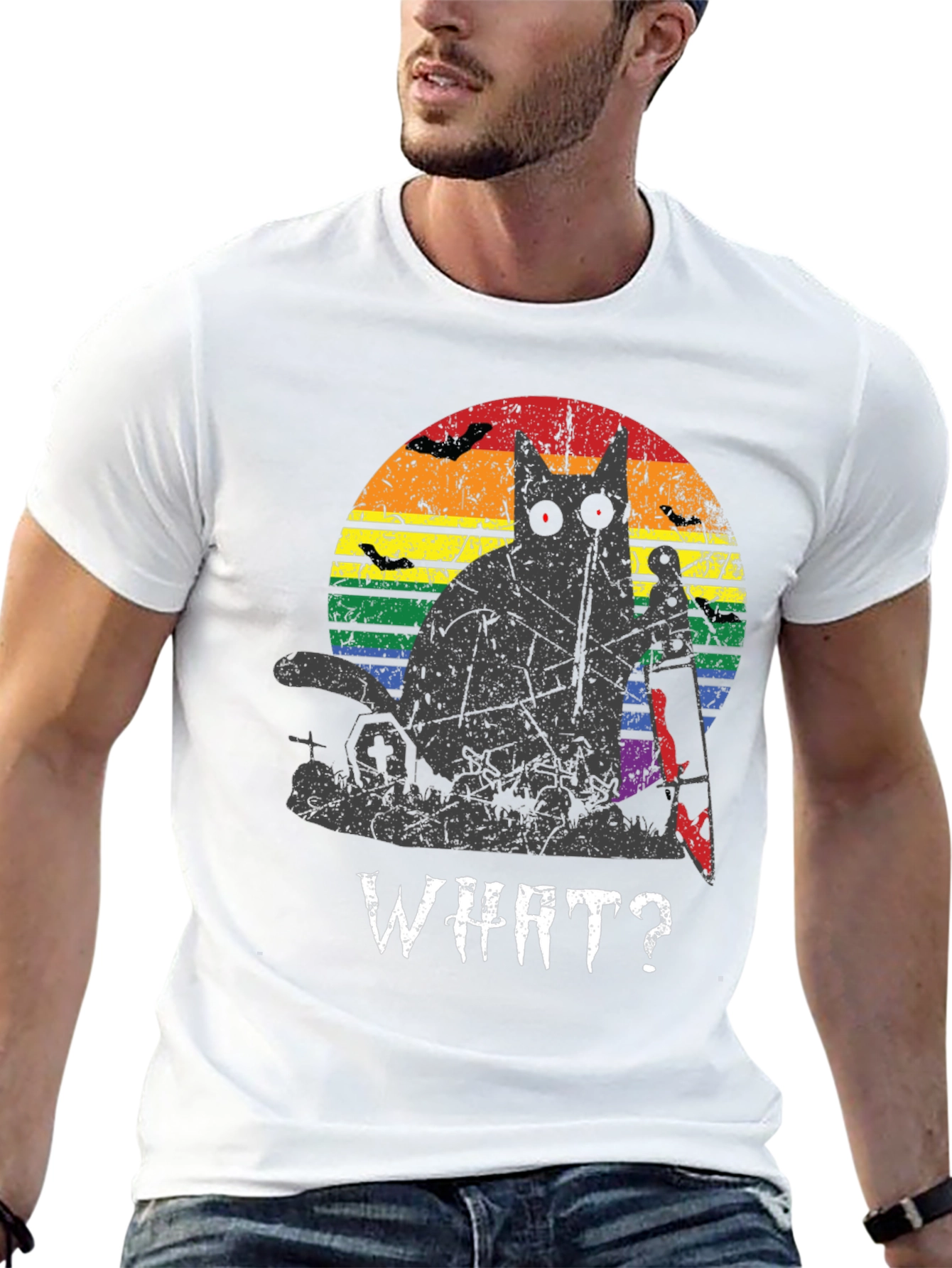 Creepy Cat Rainbow Graphic T-Shirt