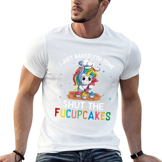 Men’s Funny Baking Graphic T-Shirt – “Baked You Some Cupcakes” Unicorn Cartoon Print, Colorful Casual Crewneck Tee for Birthday Parties, Soft Everyday Streetwear Top, Machine Washable