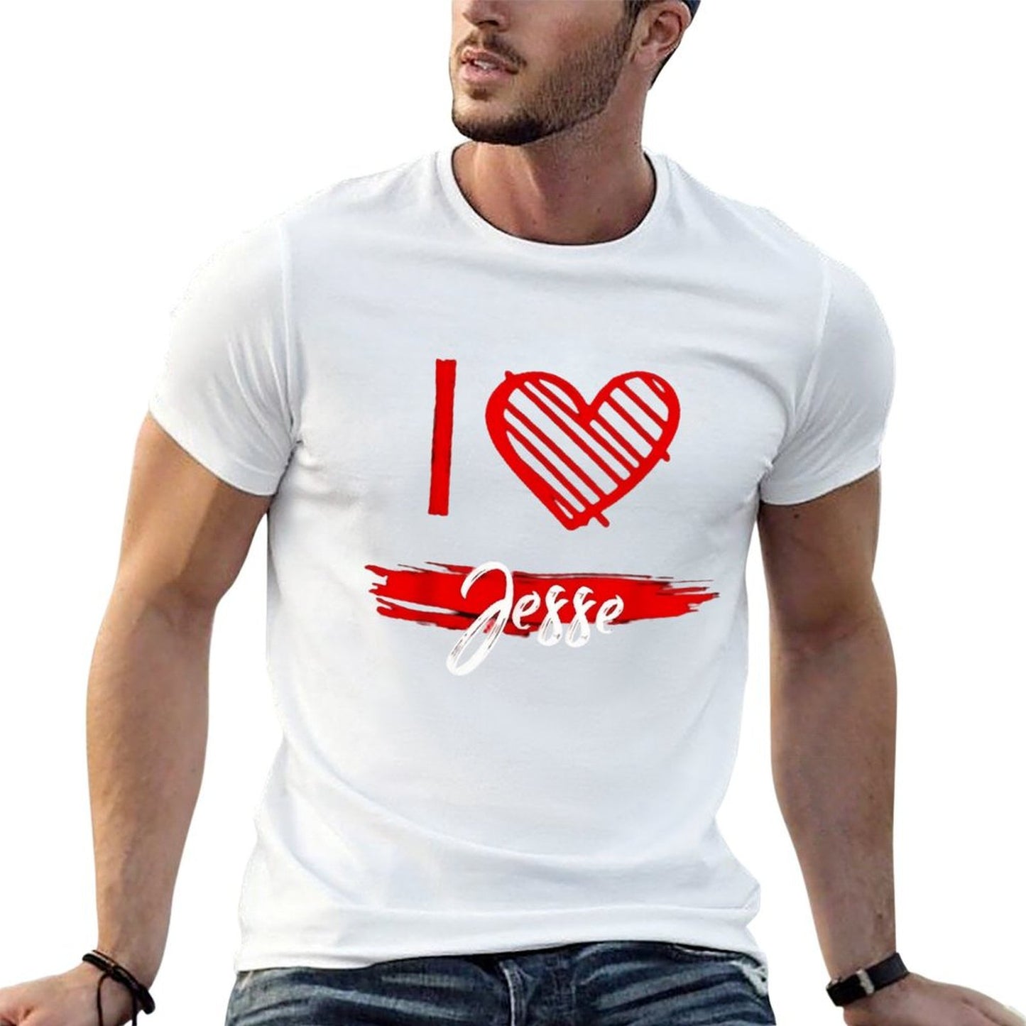 100% Cotton “I Love Jesse” Graphic T-Shirt – Black Short Sleeve Hip-Hop Streetwear Style, Heart Print Casual Crew Neck Top for Men, Soft Breathable Summer Tee, Machine Washable