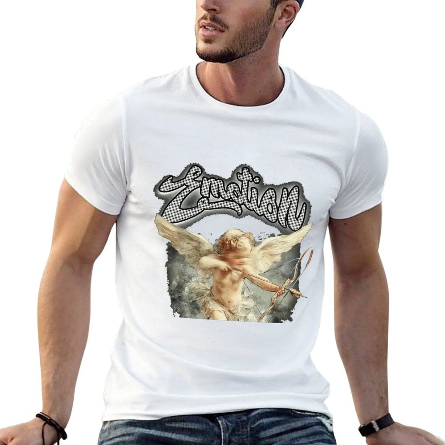 Men’s Angel Graphic T-Shirt – “Emotion” Letter Print Design, 100% Cotton Summer Short Sleeve Crew Neck Tee, Vintage Art-Inspired Streetwear Top, Double-Sided Print Casual Fashion Apparel