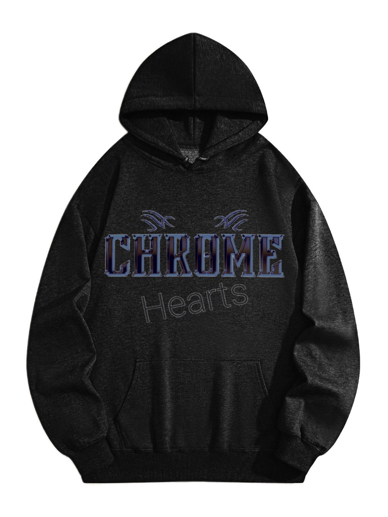 Unisex Gothic Chrome-Style Hoodie – Metallic Font Streetwear Pullover, Black Oversized Hoodie for Trendy Casual Fashion