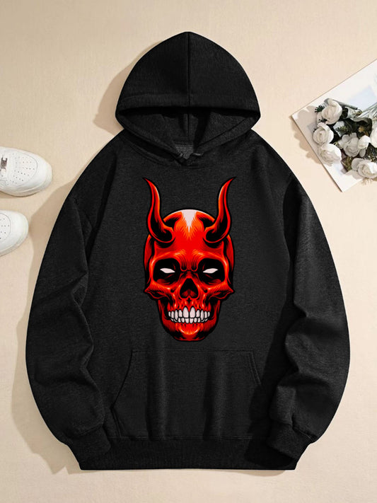 Red Flame Skull Hoodie – Dark Streetwear Graphic Pullover for Men & Women, Gothic Demon-Inspired Skull Design, Oversized Grunge Hoodie