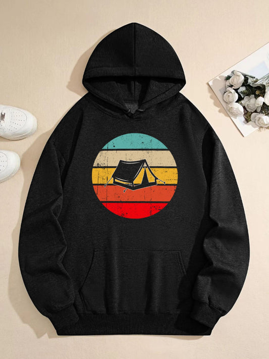 Retro Camping Tent Hoodie – Vintage Sunset Wilderness Graphic Sweatshirt for Outdoor Lovers, Cozy Fall Pullover for Men & Women