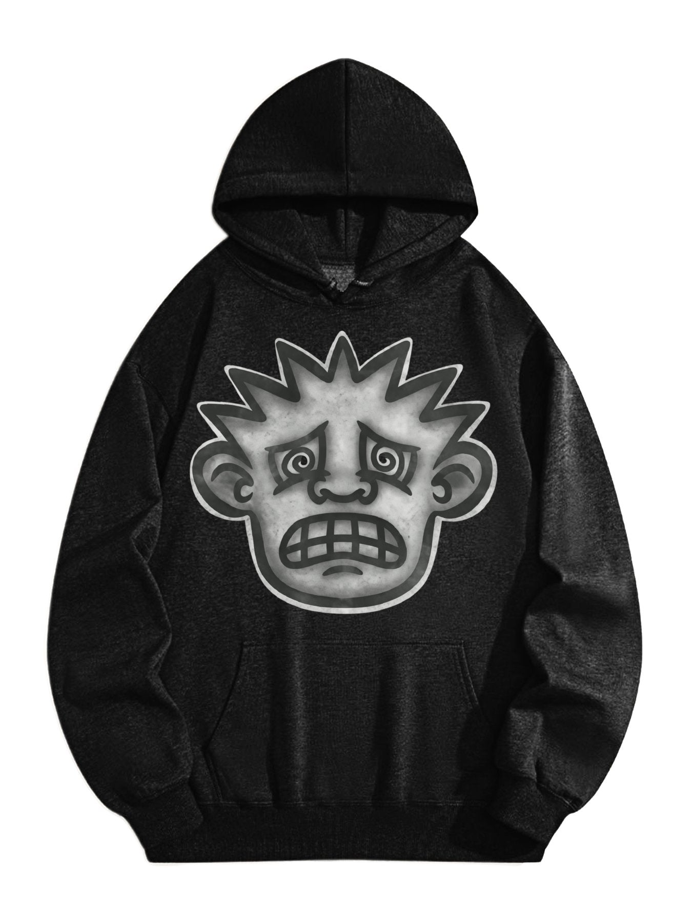 Unisex Oversized Hoodie – Unique Cartoon Face Graphic Sweatshirt, Black Pullover with Bold Expression Design, 50% Cotton 50% Polyester Casual Streetwear Top for Men and Women