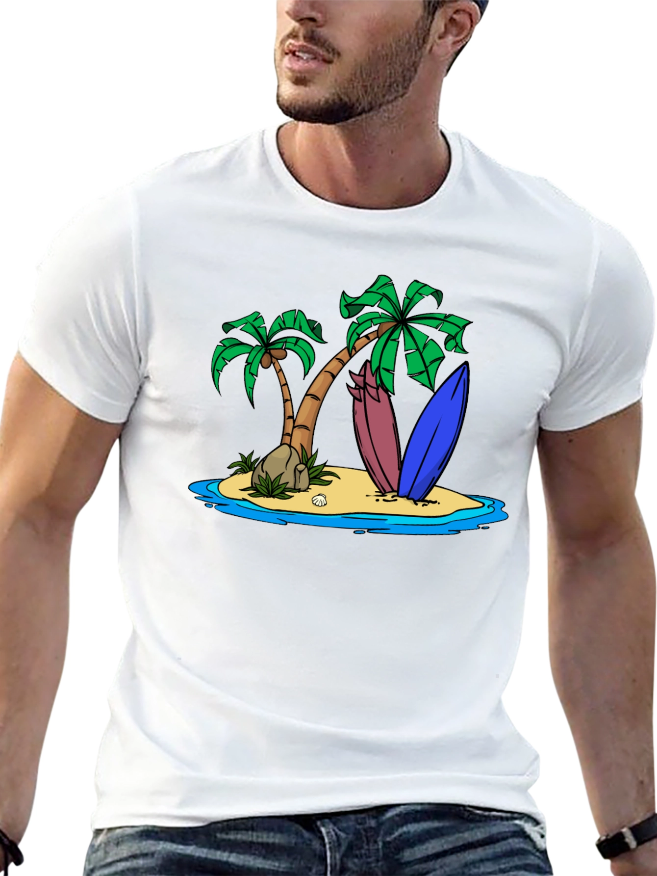 Island Surfboard Graphic Tee - Black Cotton T-Shirt