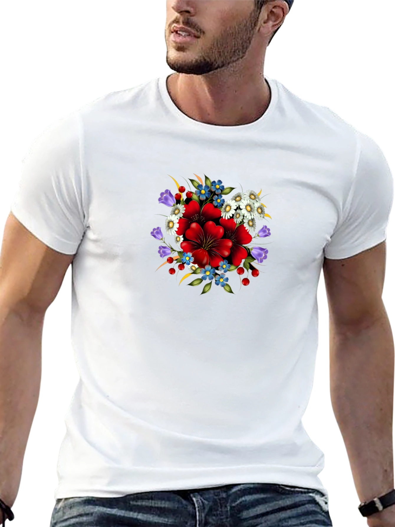 Floral Print Crew Neck Tee - Black