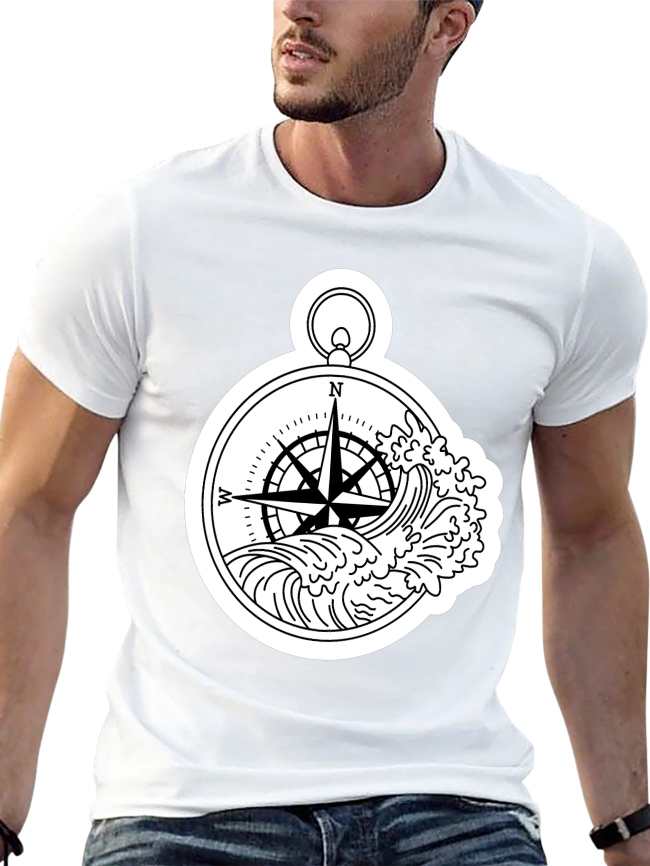 Nautical Compass Wave Graphic T-Shirt - Black
