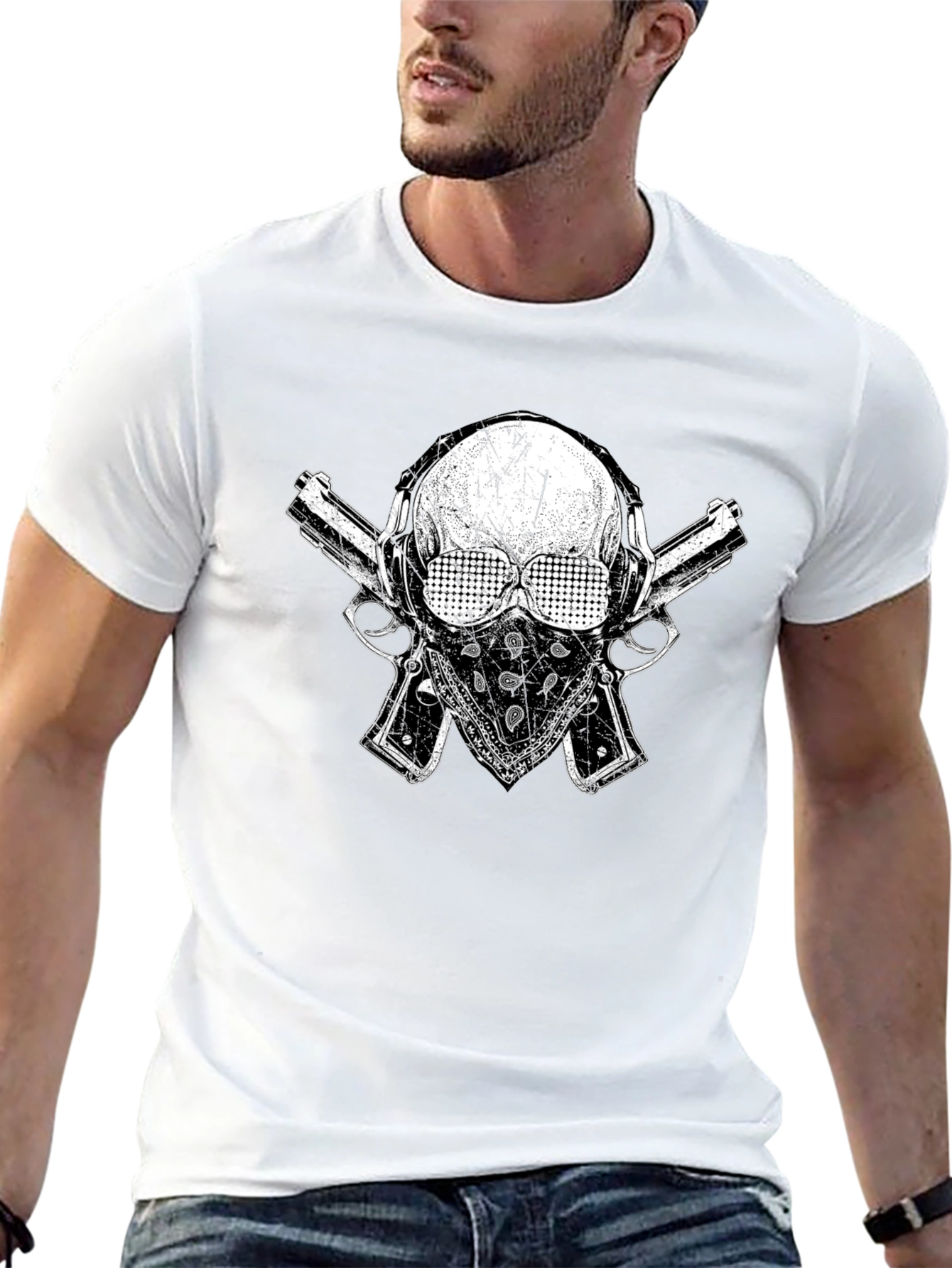 Skull Guns Bandana Black Graphic T-Shirt