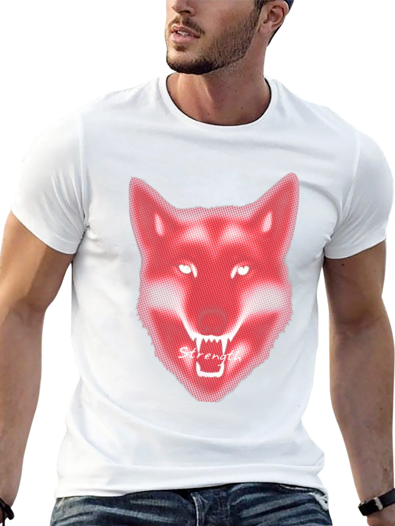 Mens Black T-Shirt - Red Wolf Graphic - Strength
