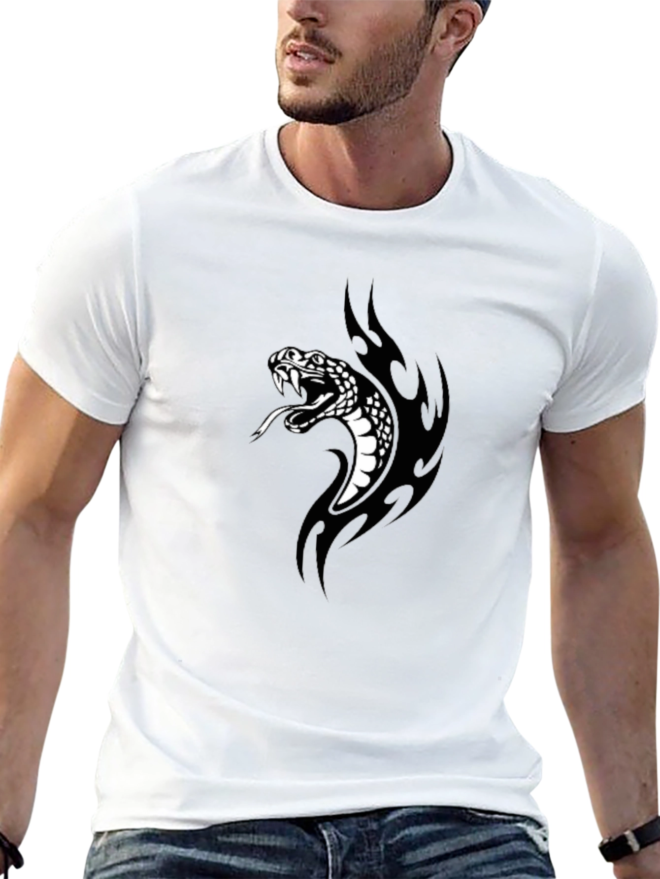 Mens Black T-Shirt with Snake Graphic