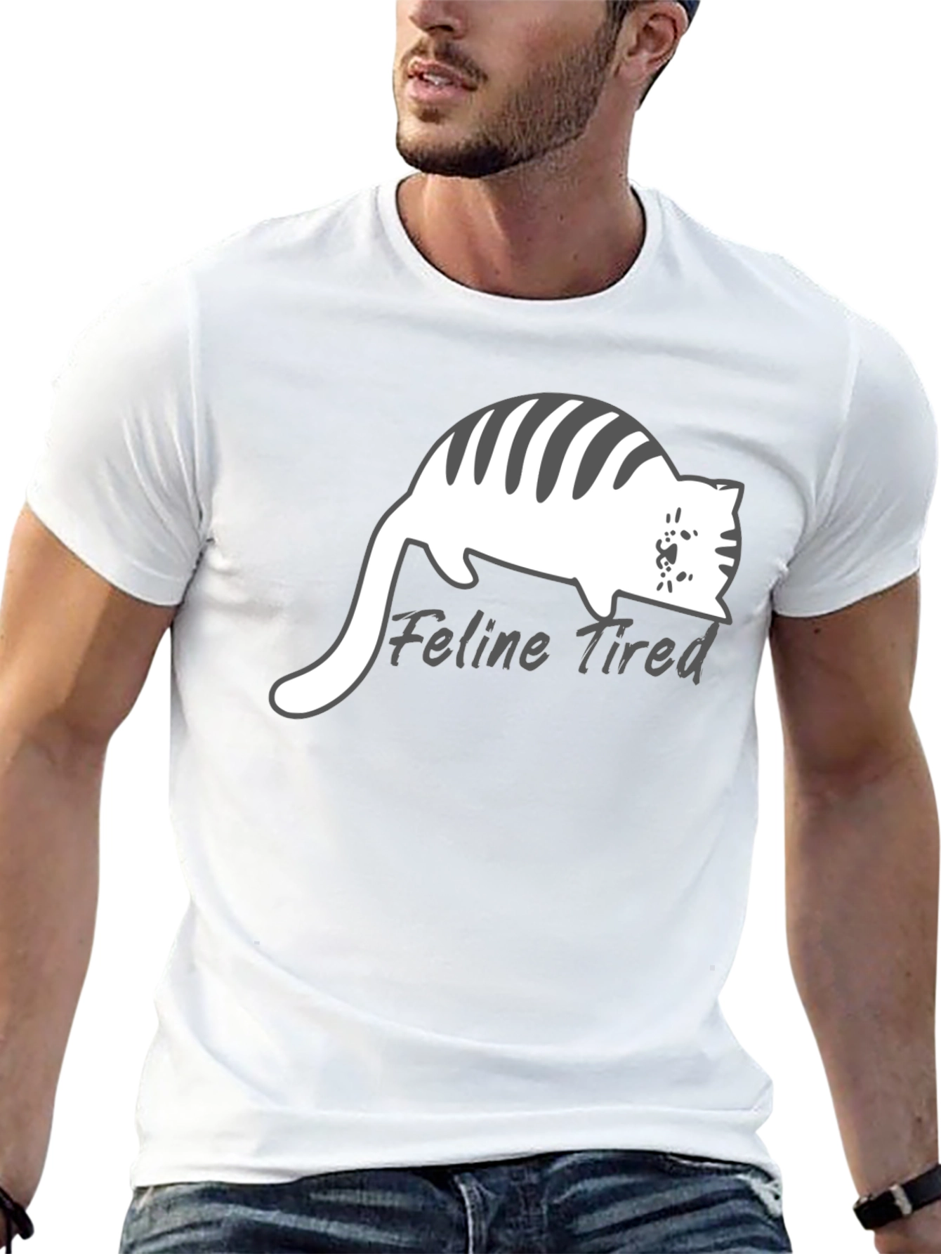 Feline Tired Black T-Shirt - Relaxed Cat Design