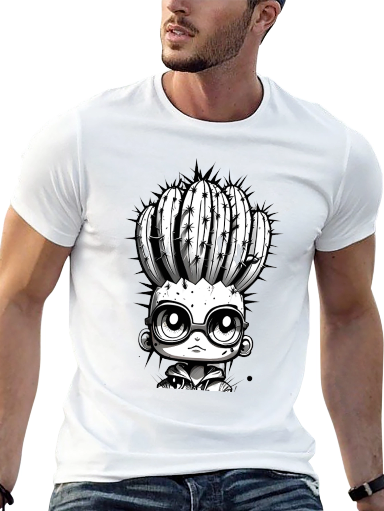 Cactus Head Character Graphic Tee - Cool Black T-Shirt