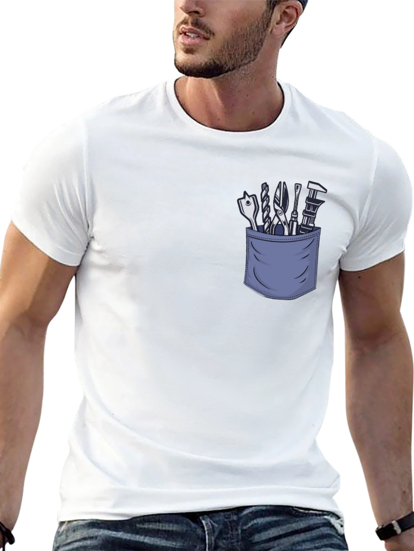 Mens Black T-Shirt with Tool Pocket Graphic