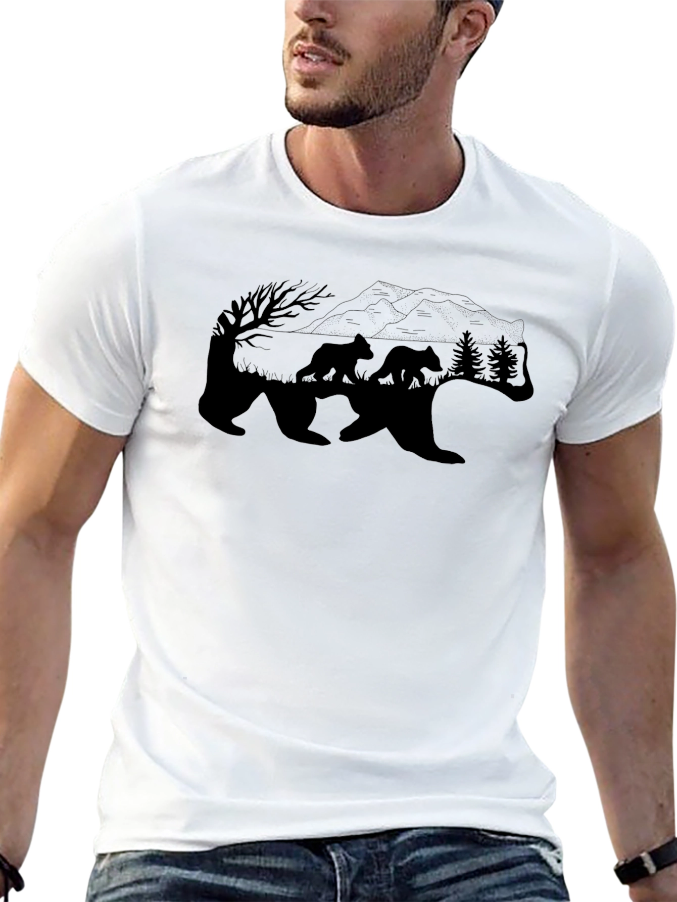 Bear Family Graphic T-Shirt - Black