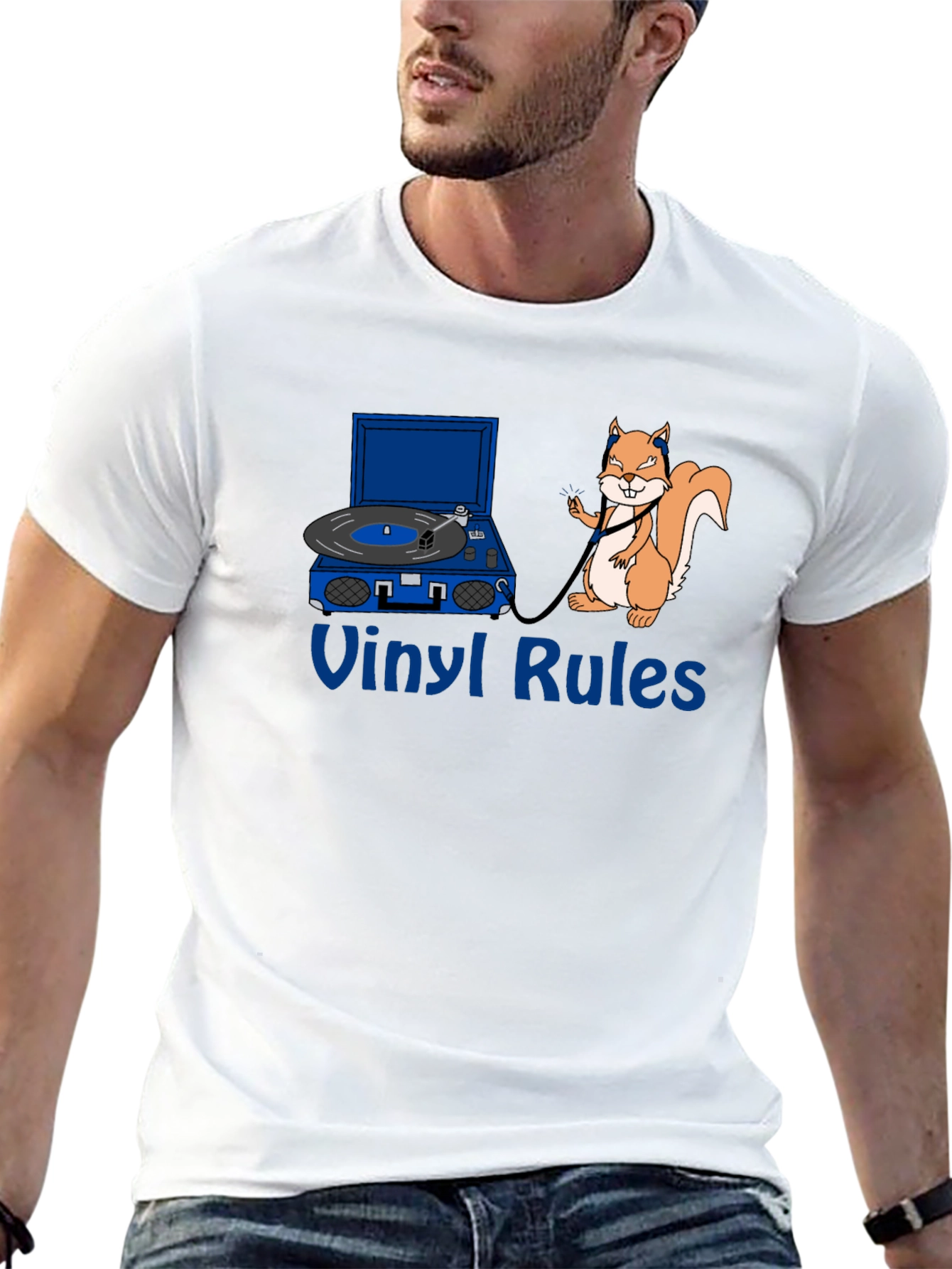 Vinyl Rules Funny Squirrel DJ Black T-Shirt