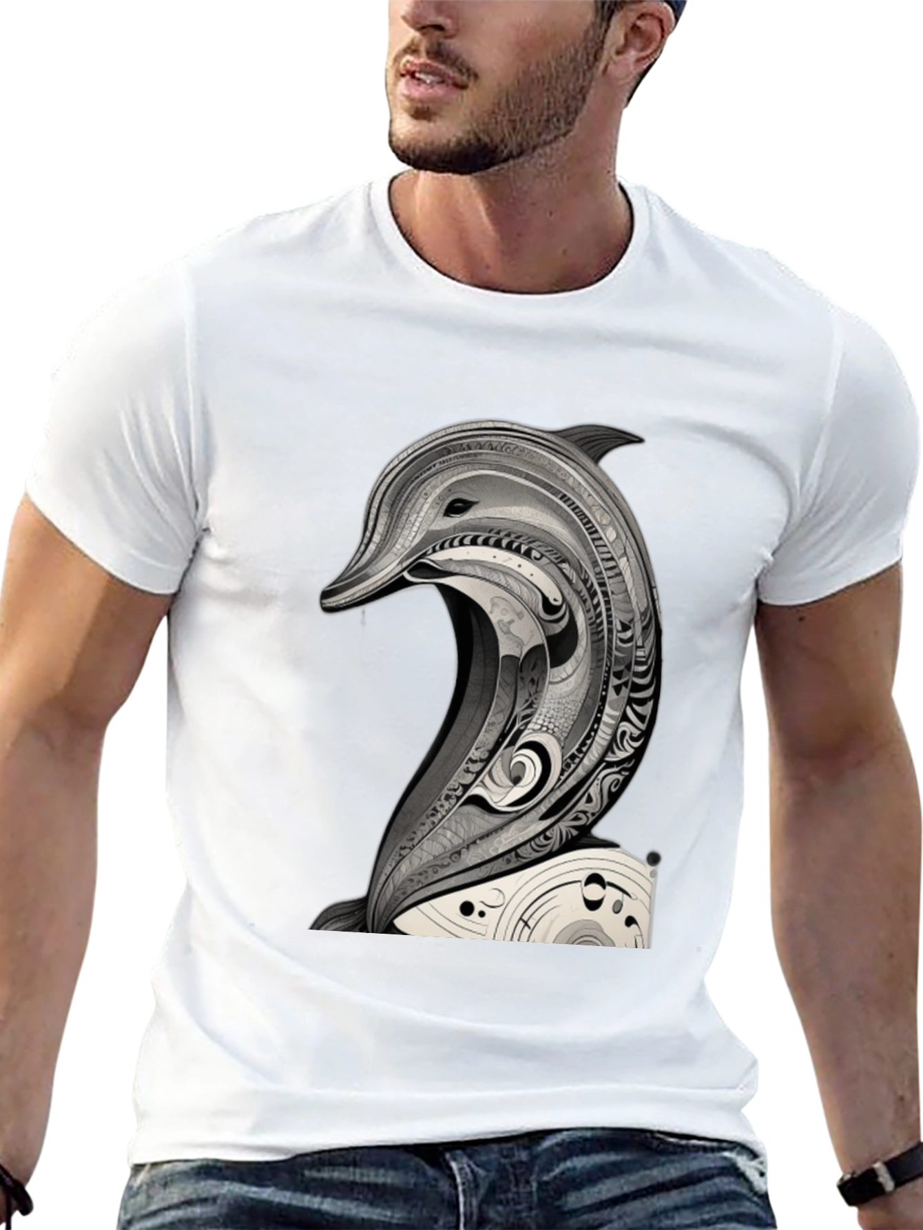 Black T-Shirt with Dolphin Art Graphic Tee